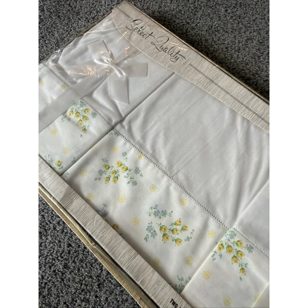 Vtg Tex Made Double Bed Flat Sheet 2 Pillowcases NIB Yellow Flowers